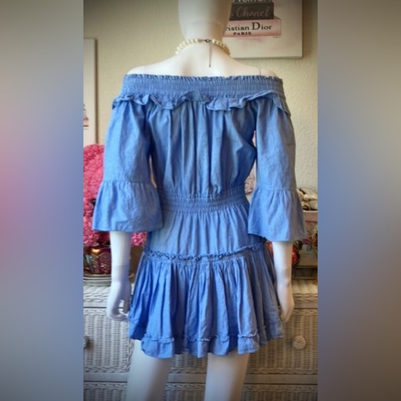 Miso Los Angeles 100% Cotton chambray ruffle tiered dress blue color Size - Picture 3 of 11